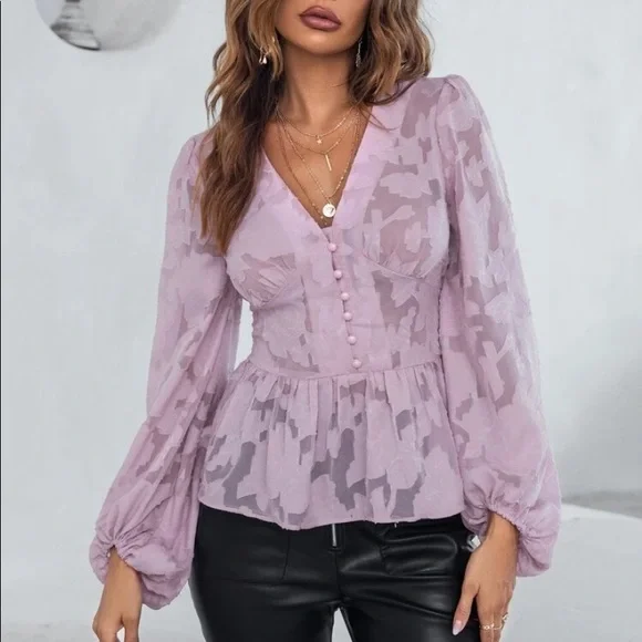 Romantic floral appliqué button detail peplum blouse redwood - Picture 2 of 16